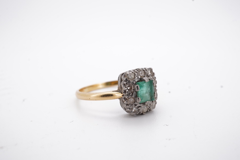 An early to mid 20th century yellow metal, emerald and diamond set rectangular cluster ring, size R, gross weight 3.5 grams. Condition - poor to fair